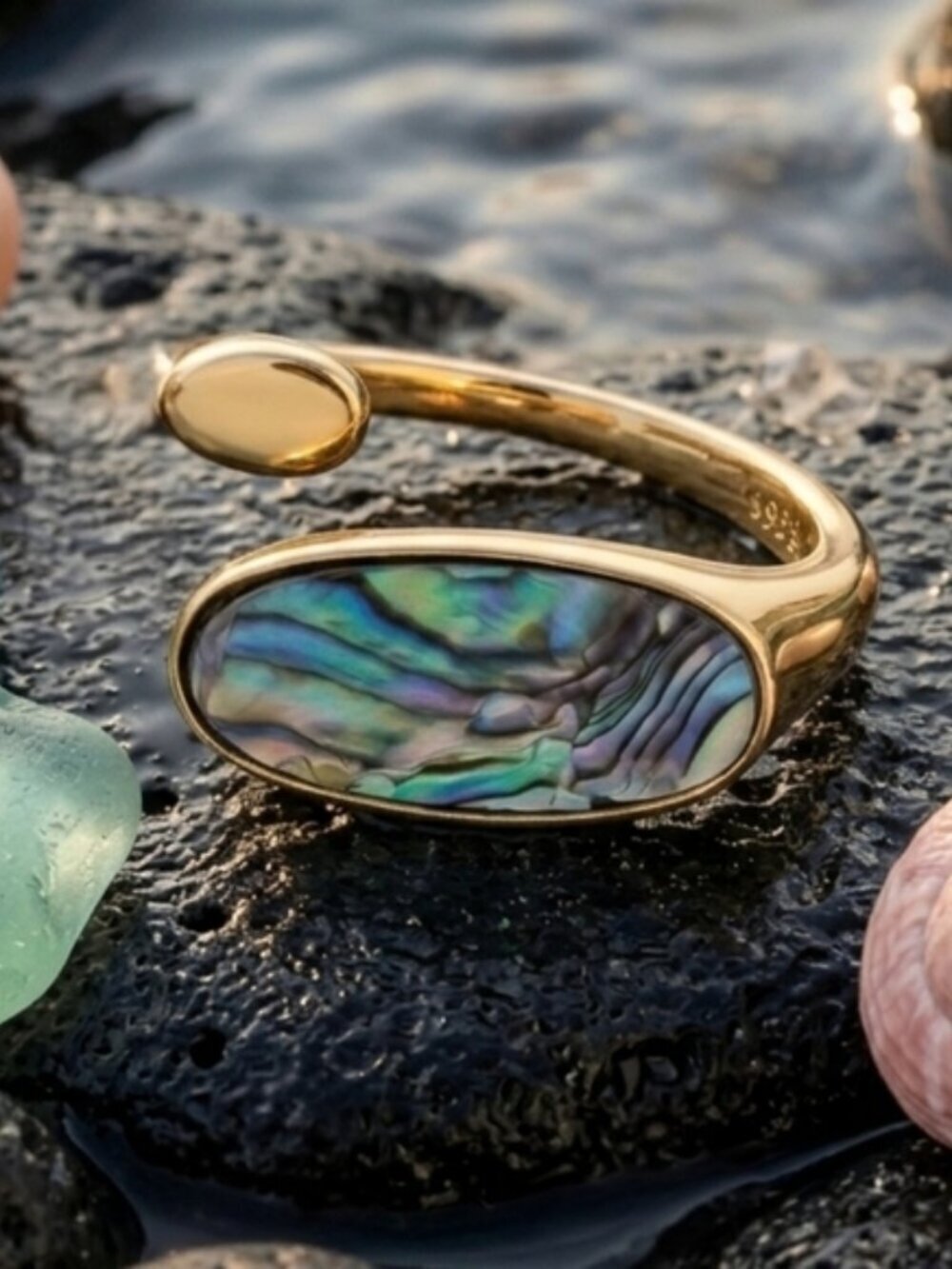 Abalone Shell Ring Gold Plated Sterling Silver Adjustable Statement Boho Chic